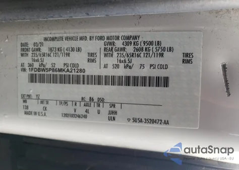 2021 Ford Transit T-350 z USA, uszkodzony, nr VIN 1FDBW5P86MKA21280